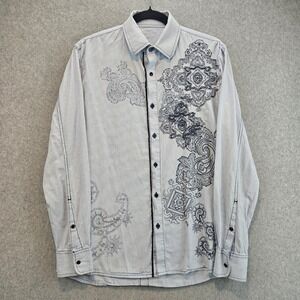 ROAR Button Down Shirt Mens L Blue Paisley Stripe Embroidered Casual Boho Chic